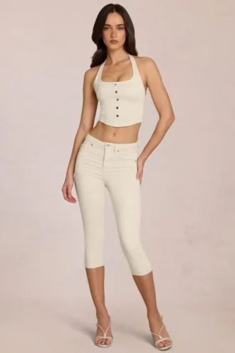 Blugi capri Anessa cu talie medie, culoare ivoriu