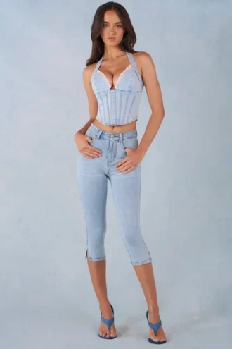 Blugi capri Landon din denim deschis, cu talie medie