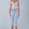 Blugi capri Landon din denim deschis, cu talie medie Blugi capri Landon din denim deschis, cu talie medie