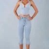 Blugi capri Landon din denim deschis, cu talie medie Blugi capri Landon din denim deschis, cu talie medie