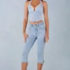 Blugi capri Landon din denim deschis, cu talie medie Blugi capri Landon din denim deschis, cu talie medie