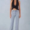 Blugi Lorielle cu talie medie și croi drept, din denim deschis Blugi Lorielle cu talie medie și croi drept, din denim deschis