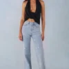 Blugi Lorielle cu talie medie și croi drept, din denim deschis Blugi Lorielle cu talie medie și croi drept, din denim deschis