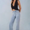 Blugi Lorielle cu talie medie și croi drept, din denim deschis Blugi Lorielle cu talie medie și croi drept, din denim deschis