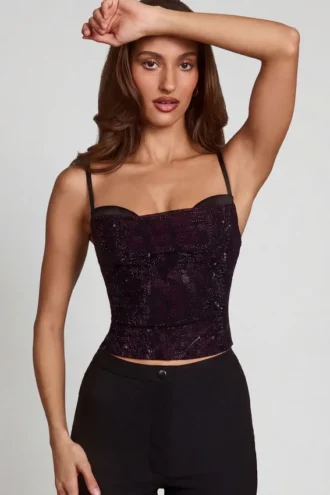 Bluză Armelia cu guler tip cowl și decupaje, decorată, în model de șarpe violet Bluză Armelia cu guler tip cowl și decupaje, decorată, în model de șarpe violet