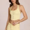Bluză din denim Elowis cu gât halter, stil corset, în galben lămâie Bluză din denim Elowis cu gât halter, stil corset, în galben lămâie