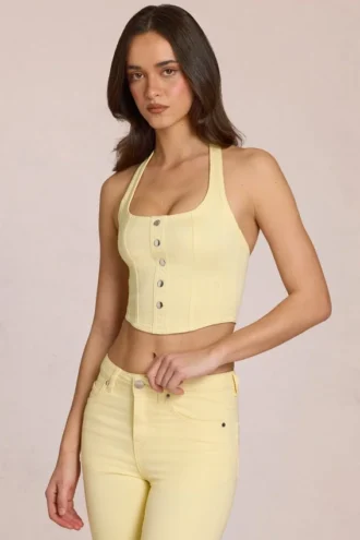 Bluză din denim Elowis cu gât halter, stil corset, în galben lămâie Bluză din denim Elowis cu gât halter, stil corset, în galben lămâie