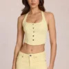 Bluză din denim Elowis cu gât halter, stil corset, în galben lămâie Bluză din denim Elowis cu gât halter, stil corset, în galben lămâie