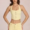 Bluză din denim Elowis cu gât halter, stil corset, în galben lămâie Bluză din denim Elowis cu gât halter, stil corset, în galben lămâie