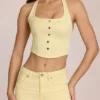 Bluză din denim Elowis cu gât halter, stil corset, în galben lămâie Bluză din denim Elowis cu gât halter, stil corset, în galben lămâie