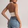 Bluză Drew din modal, cu gât halter, albă Bluză Drew din modal, cu gât halter, albă