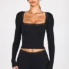 Bluză Retta cu mâneci lungi, cu guler pătrat, din modal cu nervuri, în negru