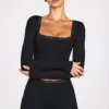 Bluză Retta cu mâneci lungi, cu guler pătrat, din modal cu nervuri, în negru