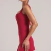 Fustă ultra mini bodycon Tula cu talie medie și fante, în roșu cireș Fustă ultra mini bodycon Tula cu talie medie și fante, în roșu cireș