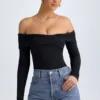 Body Ceyln din modal, cu umeri decupați și drapaj, negru Body Ceyln din modal, cu umeri decupați și drapaj, negru