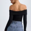 Body Ceyln din modal, cu umeri decupați și drapaj, negru Body Ceyln din modal, cu umeri decupați și drapaj, negru