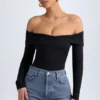 Body Ceyln din modal, cu umeri decupați și drapaj, negru Body Ceyln din modal, cu umeri decupați și drapaj, negru