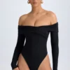 Body Ceyln din modal, cu umeri decupați și drapaj, negru Body Ceyln din modal, cu umeri decupați și drapaj, negru