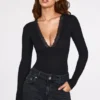 Body-ul cu mâneci lungi și decolteu adânc, din modal cu nervuri, model Verity, negru