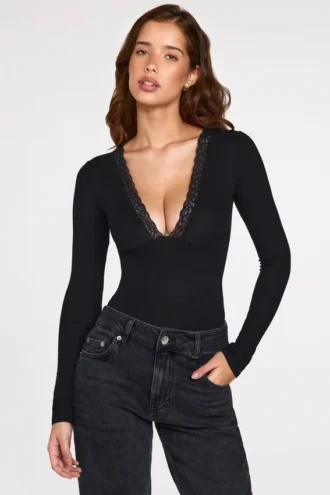 Body-ul cu mâneci lungi și decolteu adânc, din modal cu nervuri, model Verity, negru