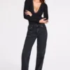 Body-ul cu mâneci lungi și decolteu adânc, din modal cu nervuri, model Verity, negru