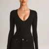 Body-ul cu mâneci lungi și decolteu adânc Elodie Modal, negru Body-ul cu mâneci lungi și decolteu adânc Elodie Modal, negru