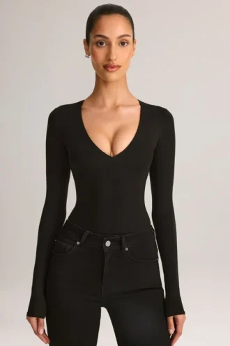 Body-ul cu mâneci lungi și decolteu adânc Elodie Modal, negru