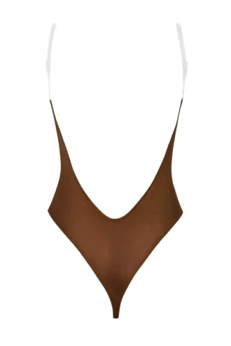 Body-ul cu tanga și bretele invizibile din plasă moale Intimates, culoare castan