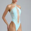 Body-ul de vară cu șnururi și gât halter, în albastru gheață Body-ul de vară cu șnururi și gât halter, în albastru gheață
