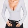 Body Verity cu mâneci lungi, decolteu adânc și model ribat, în culoarea gri