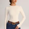 Body Ziva din modal, cu guler rotund și mâneci lungi, în culoarea crem