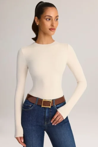 Body Ziva din modal, cu guler rotund și mâneci lungi, în culoarea crem
