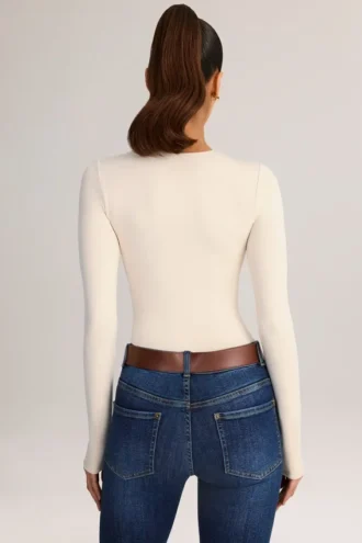 Body Ziva din modal, cu guler rotund și mâneci lungi, în culoarea crem