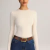 Body Ziva din modal, cu guler rotund și mâneci lungi, în culoarea crem