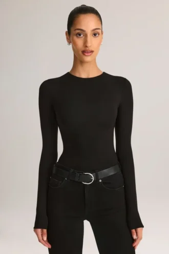 Body Ziva din modal, cu guler rotund și mâneci lungi, în negru