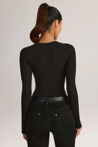 Body Ziva din modal, cu guler rotund și mâneci lungi, în negru
