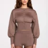 Pantaloni scurți din tricot cu talie medie Antonia, culoare Mocha Pantaloni scurți din tricot cu talie medie Antonia, culoare Mocha