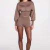Pantaloni scurți din tricot cu talie medie Antonia, culoare Mocha Pantaloni scurți din tricot cu talie medie Antonia, culoare Mocha