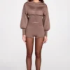 Pantaloni scurți din tricot cu talie medie Antonia, culoare Mocha Pantaloni scurți din tricot cu talie medie Antonia, culoare Mocha