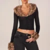Cardigan Lola din plasă transparentă cu bordură din blană artificială, negru Cardigan Lola din plasă transparentă cu bordură din blană artificială, negru