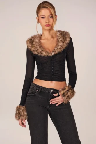 Cardigan Lola din plasă transparentă cu bordură din blană artificială, negru