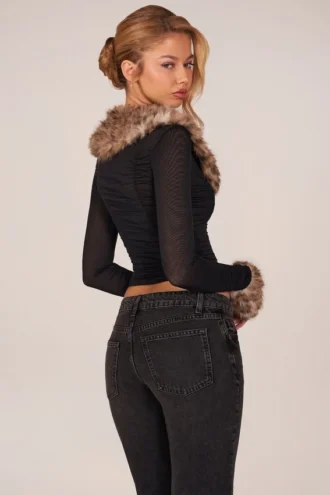 Cardigan Lola din plasă transparentă cu bordură din blană artificială, negru