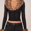 Cardigan Lola din plasă transparentă cu bordură din blană artificială, negru Cardigan Lola din plasă transparentă cu bordură din blană artificială, negru