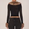 Cardigan Lola din plasă transparentă cu bordură din blană artificială, negru Cardigan Lola din plasă transparentă cu bordură din blană artificială, negru