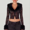 Cardigan Noemy din dantelă transparentă cu bordură din blană artificială, negru Cardigan Noemy din dantelă transparentă cu bordură din blană artificială, negru