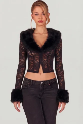 Cardigan Noemy din dantelă transparentă cu bordură din blană artificială, negru
