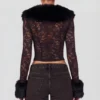 Cardigan Noemy din dantelă transparentă cu bordură din blană artificială, negru Cardigan Noemy din dantelă transparentă cu bordură din blană artificială, negru