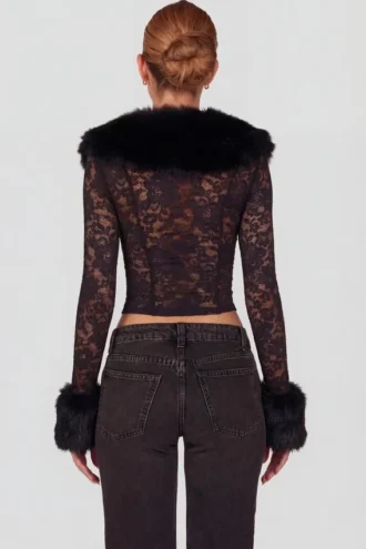 Cardigan Noemy din dantelă transparentă cu bordură din blană artificială, negru