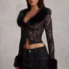 Cardigan Noemy din dantelă transparentă cu bordură din blană artificială, negru Cardigan Noemy din dantelă transparentă cu bordură din blană artificială, negru