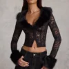 Cardigan Noemy din dantelă transparentă cu bordură din blană artificială, negru Cardigan Noemy din dantelă transparentă cu bordură din blană artificială, negru